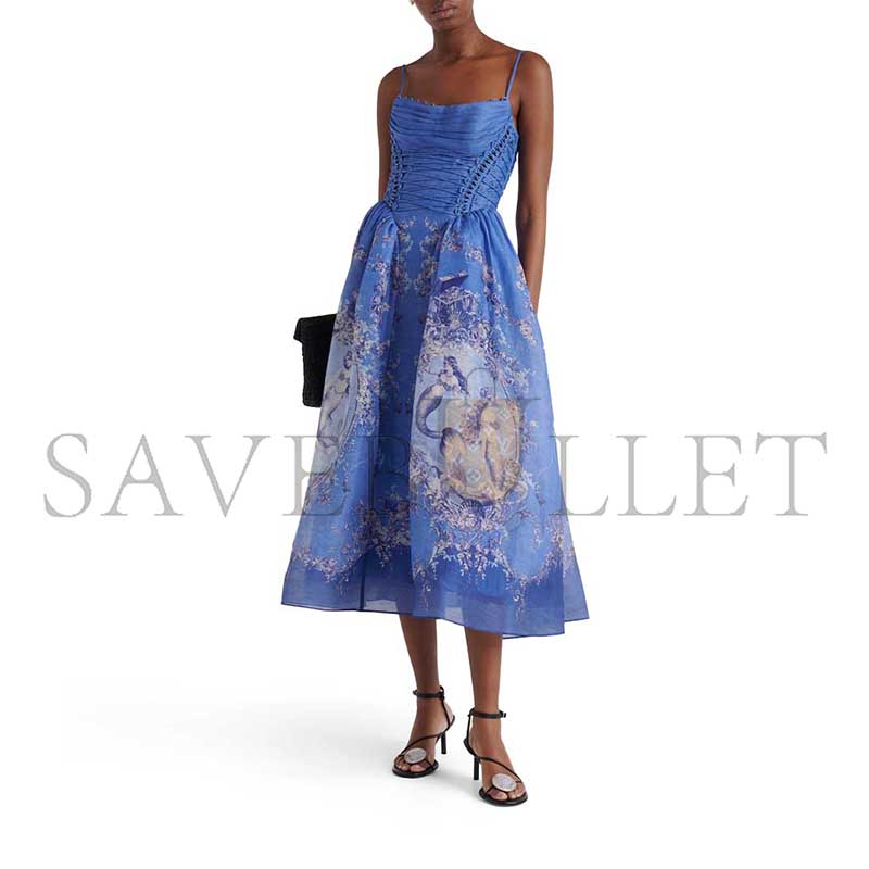 ZIMMERMANNREBELLION LACE-UP EMBELLISHED PLEATED GATHERED PRINTED LINEN AND SILK-BLEND MIDI DRESS P01129773